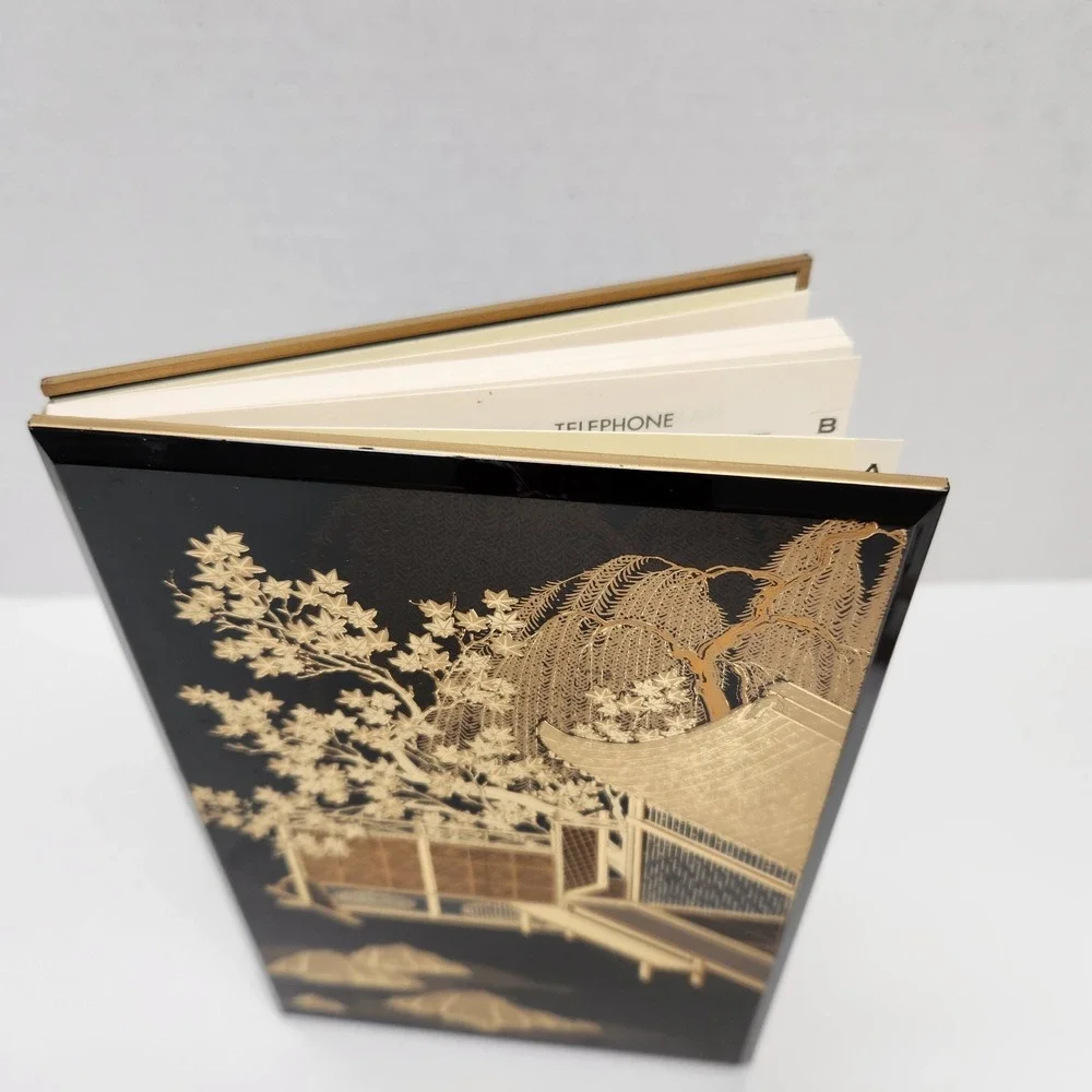 Vintage Japanese Lacquerware Handcrafted Phone Address Hardcover Book Gold Black